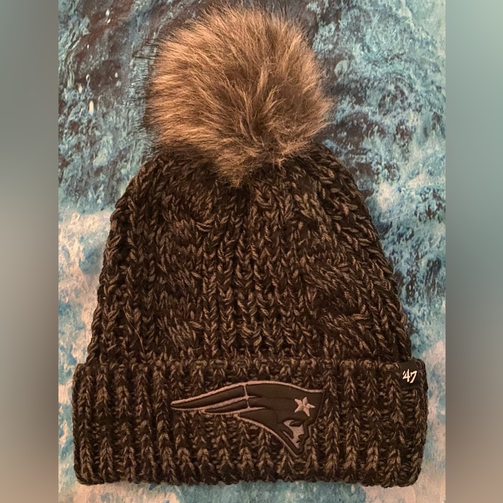 Gray and Black Patriots Beanie with Pom Pom